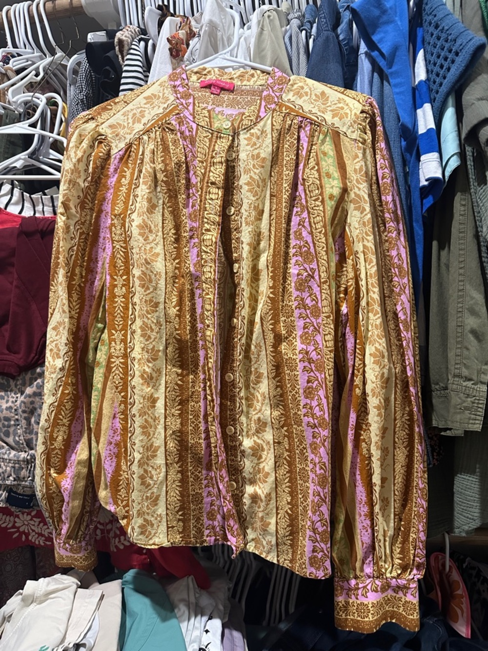 Flying Tomato Striped Button-Front Blouse in Gold and Pink
